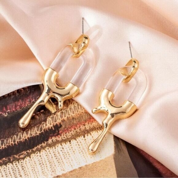 Irregular Melting Goldtone Resin Drop Earrings - Picture 1 of 3